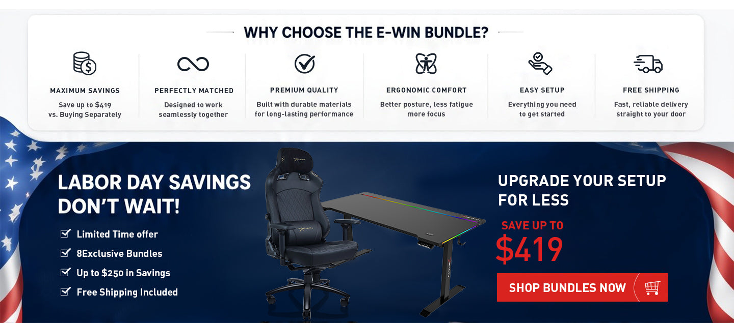 E-WIN gaming bundle benefits and Labor Day savings promotion with a black standing desk and gaming chair